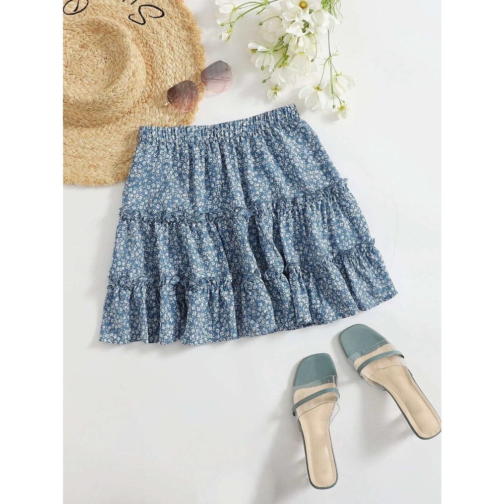 Shein Layered Tiered Blue Ditsy Floral Mini Skirt XS/S Ruffle Frill Trim Boho - Picture 2 of 8